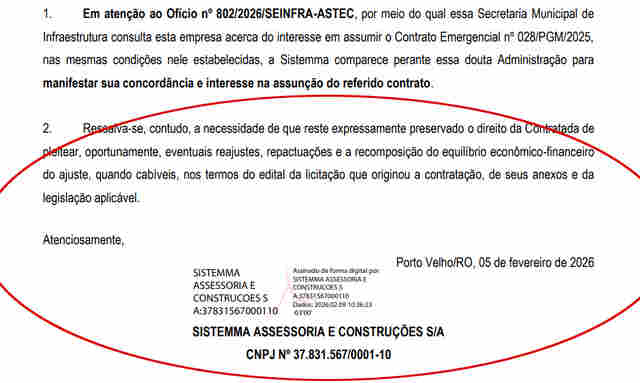 Documento exp&otilde;e contradi&ccedil;&atilde;o da Prefeitura de Porto Velho e levanta suspeita de favorecimento &agrave; Sistemma no contrato do lixo
