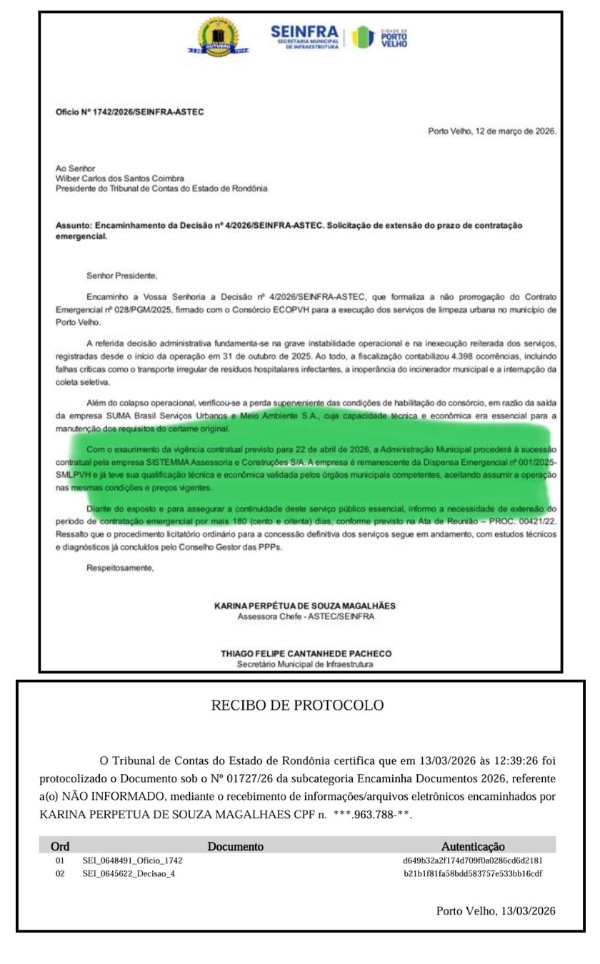 Prefeitura informa ao Tribunal de Contas que Sistemma assumir&aacute; coleta de lixo em Porto Velho sem altera&ccedil;&atilde;o de pre&ccedil;o por at&eacute; 12 meses