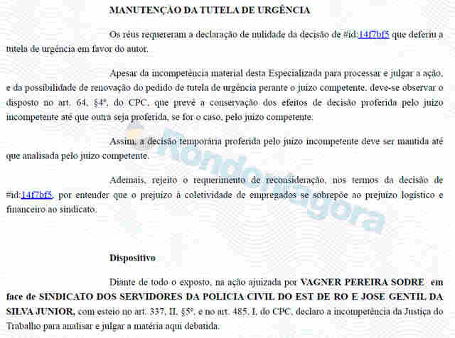 Justi&ccedil;a do Trabalho se declara incompetente, mas mant&eacute;m suspens&atilde;o de elei&ccedil;&atilde;o no Sindicato de Policiais Civis de Rond&ocirc;nia
