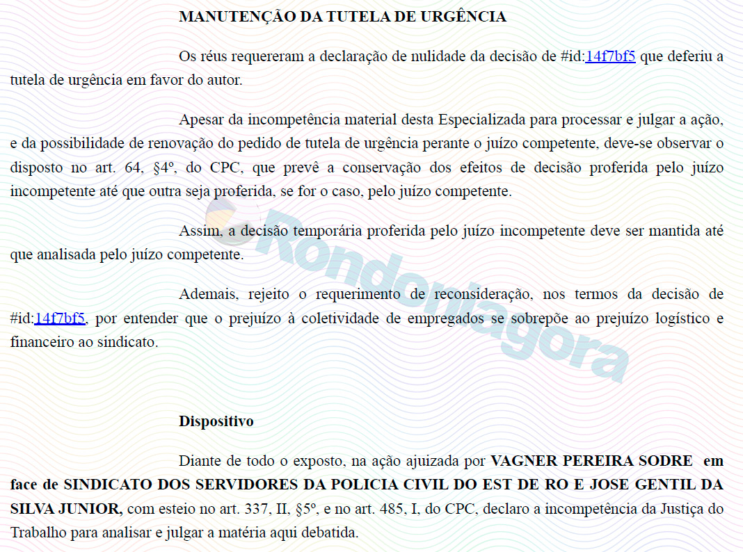 Justi&ccedil;a do Trabalho se declara incompetente, mas mant&eacute;m suspens&atilde;o de elei&ccedil;&atilde;o no Sindicato de Policiais Civis de Rond&ocirc;nia
