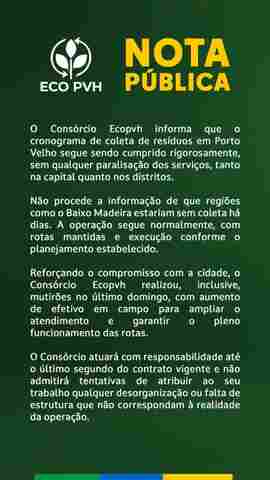 Cons&oacute;rcio Eco PVH nega falhas e afirma que coleta de lixo segue normal em Porto Velho