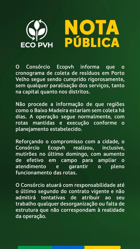Cons&oacute;rcio Eco PVH nega falhas e afirma que coleta de lixo segue normal em Porto Velho