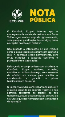 Cons&oacute;rcio Eco PVH nega falhas e afirma que coleta de lixo segue normal em Porto Velho