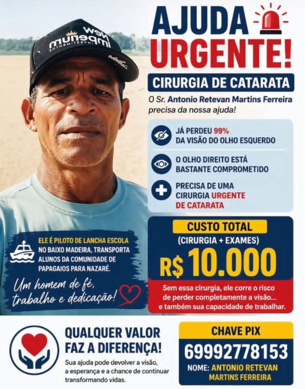 Campanha tenta salvar vis&atilde;o de condutor de lancha que transporta alunos no Baixo Madeira