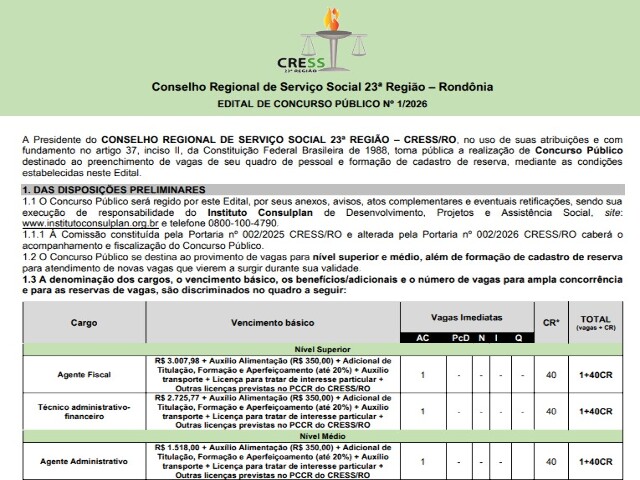 Prazo para inscrição no concurso do CRESS-RO acaba na próxima semana