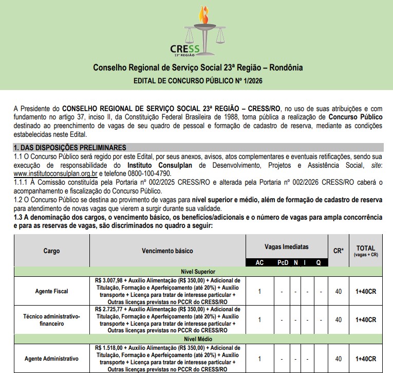 Prazo para inscrição no concurso do CRESS-RO acaba na próxima semana