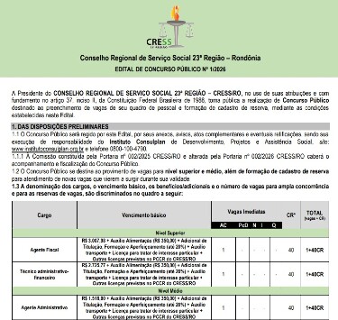 Prazo para inscri&ccedil;&atilde;o no concurso do CRESS-RO acaba na pr&oacute;xima semana