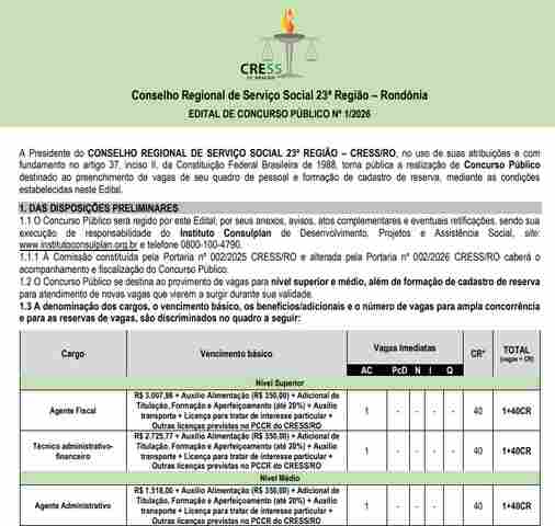 Prazo para inscri&ccedil;&atilde;o no concurso do CRESS-RO acaba na pr&oacute;xima semana