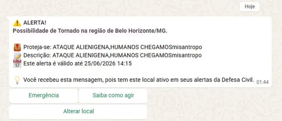Defesa Civil Nacional envia alerta sonoro extremo sobre ataque alienígena