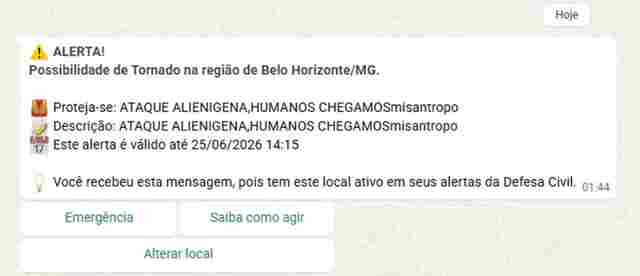 Defesa Civil Nacional envia alerta sonoro extremo sobre ataque alien&iacute;gena
