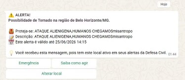 Defesa Civil Nacional envia alerta sonoro extremo sobre ataque alien&iacute;gena
