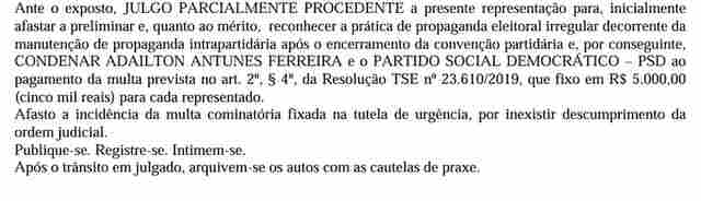 PSD e Adailton F&uacute;ria s&atilde;o multados pela Justi&ccedil;a Eleitoral por propaganda irregular