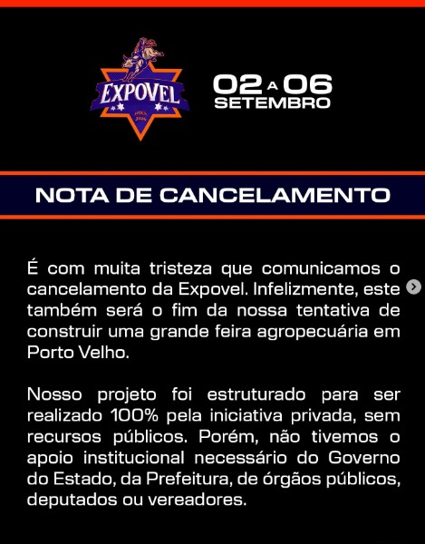 Organização diz que não teve apoio, cancela a Expovel anuncia fim do projeto em Porto Velho