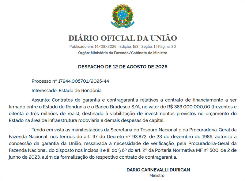 Mesmo com alerta de crise futura, Governo Rondônia busca R$ 383 milhões de empréstimo no Bradesco