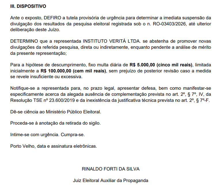 TRE suspende divulga&ccedil;&atilde;o de pesquisa do Instituto Verit&aacute; em Rond&ocirc;nia por suspeitas de irregularidades