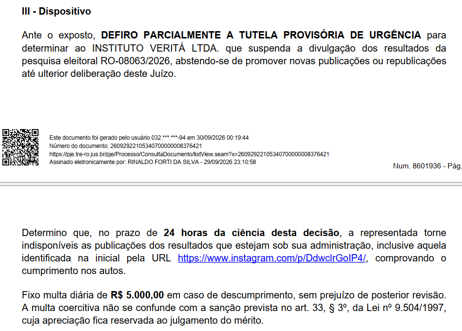 Justiça mais uma vez proíbe Veritá de divulgar pesquisa com Marcos Rogério à frente