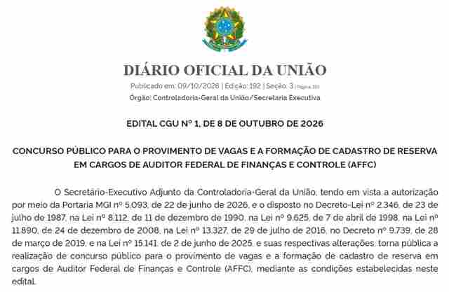 CGU publica edital de concurso para Auditor Federal de Finan&ccedil;as e Controle com vagas para Rond&ocirc;nia