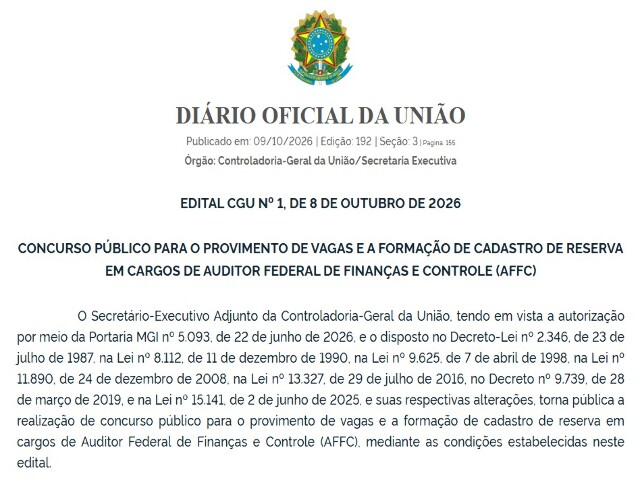 CGU publica edital de concurso para Auditor Federal de Finanças e Controle com vagas para Rondônia