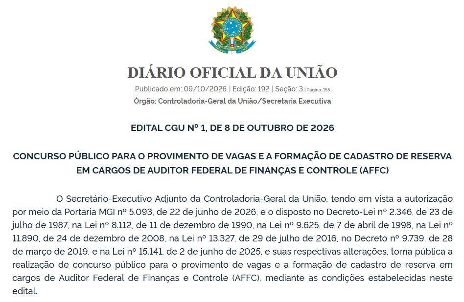 CGU publica edital de concurso para Auditor Federal de Finanças e Controle com vagas para Rondônia