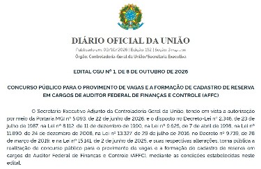 CGU publica edital de concurso para Auditor Federal de Finan&ccedil;as e Controle com vagas para Rond&ocirc;nia