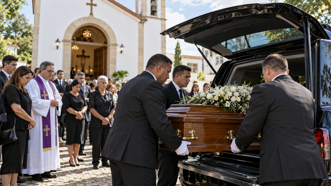 Equipe colocando urna fechada em veículo funerário diante de igreja católica