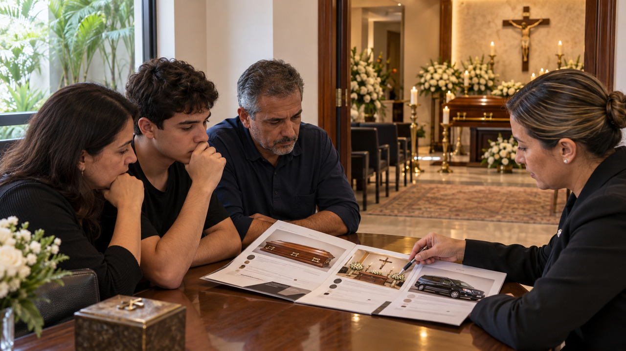 Família conferindo orçamento com referências aos serviços de urna velório e transporte