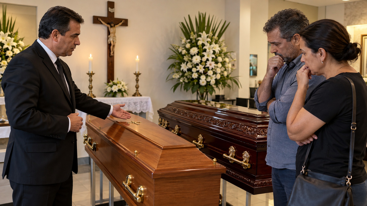 Família comparando duas urnas com profissional funerário em ambiente com crucifixo